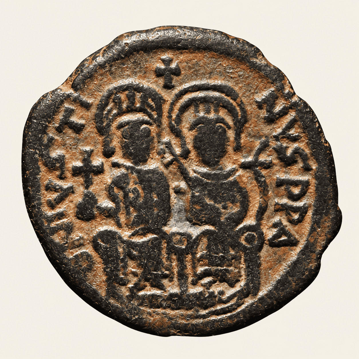 Byzantine Empire: JUSTIN II, with SOPHIA (565-578). AE Follis, 12.69gm.